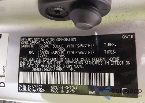 2018 Toyota 4Runner Sr5/Sr5 Premium z USA, uszkodzony, nr VIN JTEBU5JR5J5567988